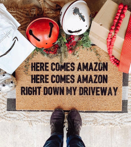 Here comes amazon doormat, funny doormat, Christmas doormat