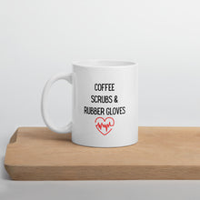 Load image into Gallery viewer, Coffee scrubs and rubber gloves mug, healthcare mug, nurse mug, essential mug, doctor mug, front line mug
