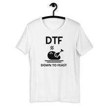 Load image into Gallery viewer, DTF down to feast Short-Sleeve Unisex T-Shirt, Friendsgiving shirt, thanksgiving shirt, punny shirt
