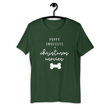 Load image into Gallery viewer, Puppy snuggles and christmas movies Short-Sleeve Unisex T-Shirt, christmas shirt, punny shirt, holiday shirt
