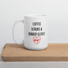 Load image into Gallery viewer, Coffee scrubs and rubber gloves mug, healthcare mug, nurse mug, essential mug, doctor mug, front line mug
